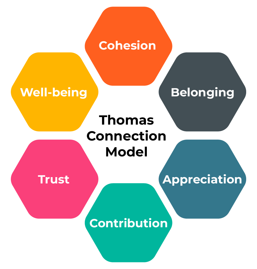 Thomas Connection Model - Cohesion, belonging, appreciation, contribution, trust and well-being